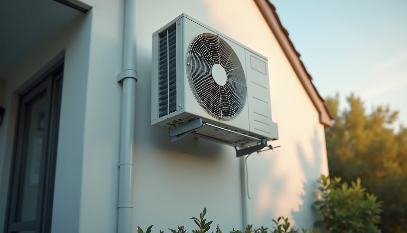 Outdoor air conditioning condenser unit on a wall