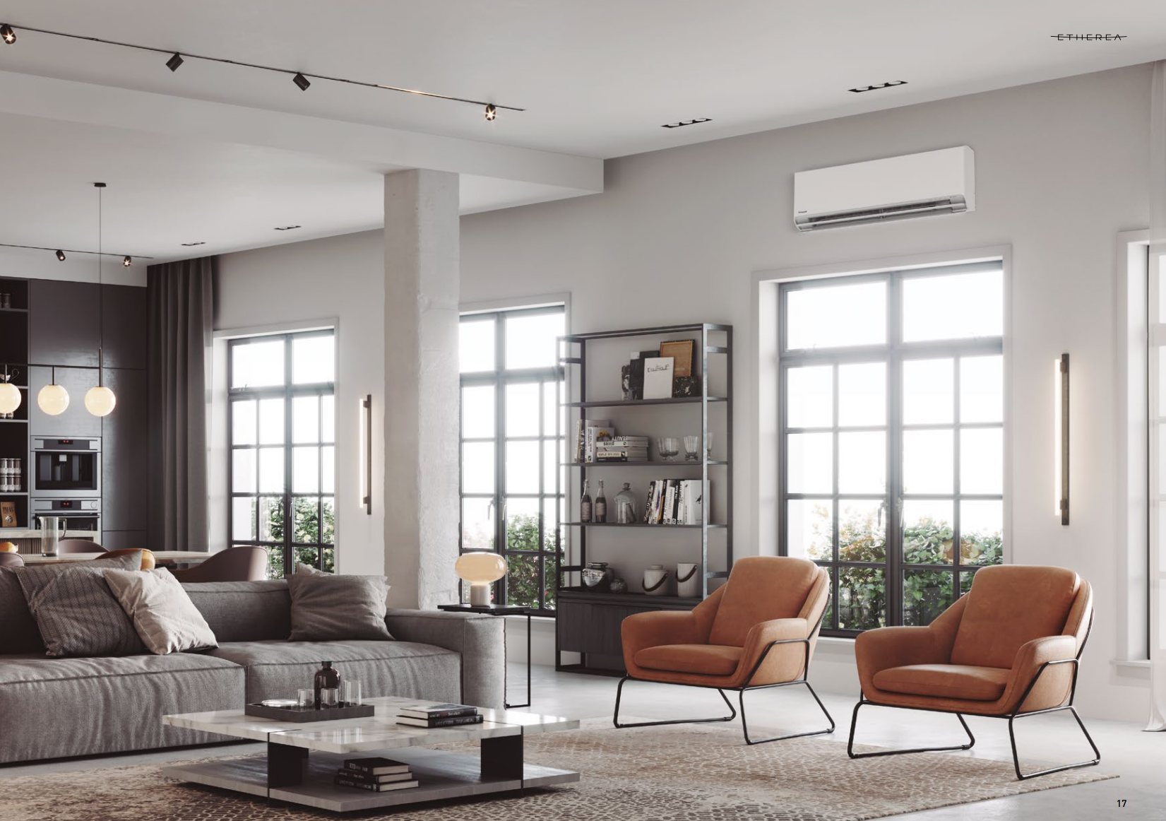 Contemporary living space with a discreet wall mounted air conditioning unit